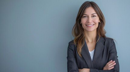 Wall Mural - A woman with her arms crossed, smiling at the camera on light blue background