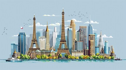 Sticker - Eiffel Tower Skyline Illustration - Parisian Architecture Cityscape with Boats and Birds