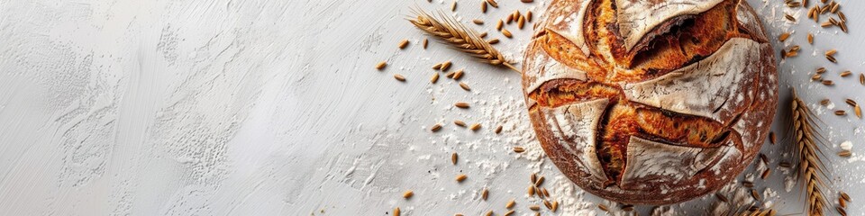 Aufkleber - A freshly baked loaf of bread with a crusty exterior, surrounded by flour, wheat kernels, and a wheat stalk on a white background.