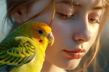 Wall Mural - A yellow and green bird perches on a woman's shoulder, a unique and whimsical scene