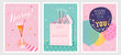 © TALVA - Set of birthday postcards with confetti, balloons, cocktail, cake and hand writing. Invitations, happy birthday. Vector templates great for card, poster, flyer or banner
