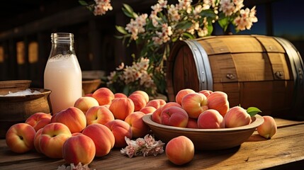 Canvas Print - A large group of peaches are sitting on a wooden table next to a barrel of honey. The scene is set in a rural area with a barn in the background 