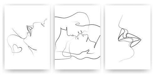 Wall Mural - Kisses of lovers One line drawing posters print covers set.Young people kissing hand drawn wall decor composition in Minimal line art style.Love and relationships concept illustration.Vector graphics