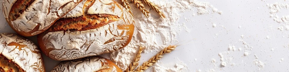 Aufkleber - Close-up of a freshly baked wheat bread loaf on a white background, surrounded by flour and wheat stalks.