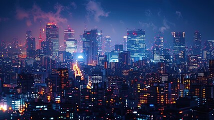 Wall Mural - Nighttime Cityscape with Illuminated Buildings - Digital Illustration