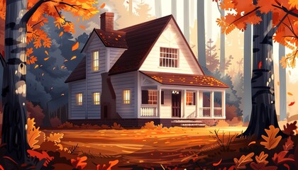 Wall Mural - A house with a porch and a chimney sits in a forest with autumn leaves, anime cartoon style