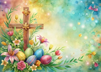 Wall Mural - Vibrant watercolor Easter border surrounds a majestic Christian cross, adorned with delicate flowers, leaves, and subtle eggs, on a soft, colorful background with a celebration banner.