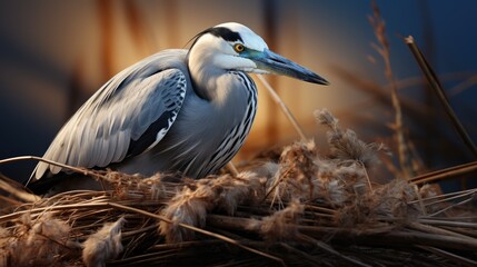 Wall Mural - a bird stands in a pile of hay with a sunset in the background.