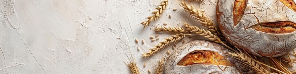 Aufkleber - A freshly baked bread loaf, made with wheat flour, sits on a white background, surrounded by wheat stalks.
