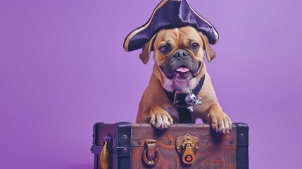 Wall Mural - A dog wearing a pirate hat and collar sits on a treasure chest.