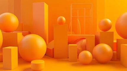 Wall Mural - abstract 3d render of various geometric shapes in orange, against a orange background.