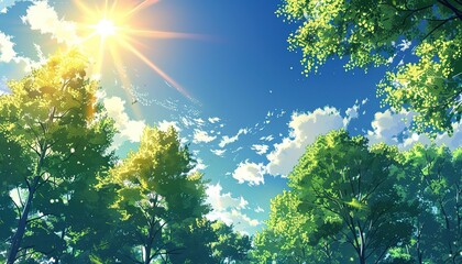 Wall Mural - A forest with a sun in the sky, anime style cartoon