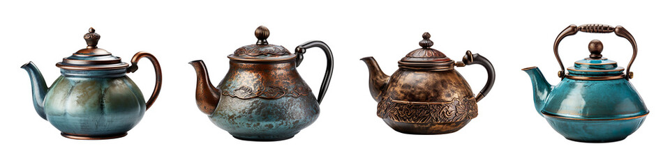 Canvas Print - Collection set of old teapots isolated on transparent background