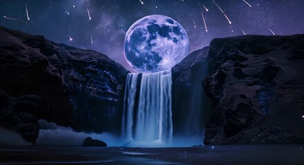 A large blue moon is in the center of a waterfall. The sky is dark and the stars are visible