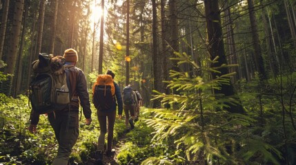 Poster - Hikers with backpacks walk through a dense forest, the sun setting through the trees in the background.