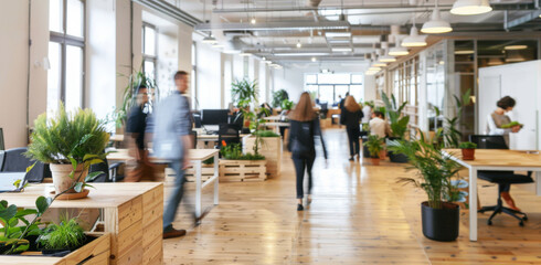 Lobby, busy and business people walk in office, company and startup with tech on wood desk. Blur, motion or group in coworking space for sustainability, workflow or workspace with eco friendly plants