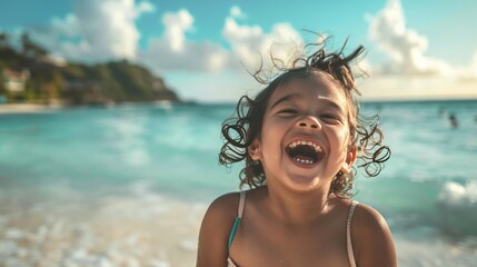 Happy child laughing on the beach. generative ai illustration