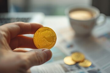 A close-up of a person's hand holding a gleaming gold coin against a backdrop of blurred financial newspapers and a coffee cup.