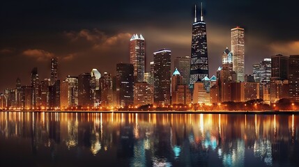 Breathtaking view of a vibrant city's skyline at night with illuminated buildings reflecting perfectly in the water. The tall skyscrapers and iconic architecture bathed in lights create an enchanti