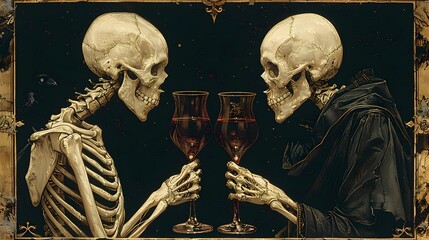 Skeletal Lovers Holding Dark Red Wine Goblets with Raven Wings and Scythe on Tarot Card