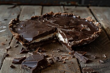 Wall Mural - Chocolate tart with a delicious cream filling, sliced and plated on a wooden table, ready to be enjoyed