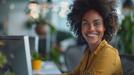 Sticker - Confident & Creative: A young Black woman beams with pride at her computer in a modern, plant-filled office.  