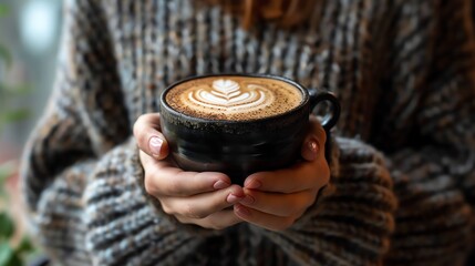 Wall Mural - A woman in a sweater holds a steaming cup of coffee.