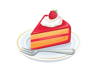 Wall Mural - Raspberry cake with whipped cream vector illustration. Piece of cake on a plate icon vector isolated on a white background. Slice of raspberry cake drawing