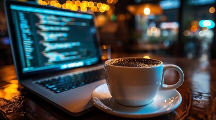A cup of coffee sits on a wooden table next to a laptop with code on the screen.