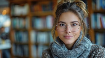 Wall Mural - Young Woman Wearing Glasses Smiling in a Library