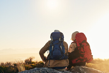 Canvas Print - Mountain, hiking and people with view by sunrise for outdoor backpacking, adventure and break in morning. Sky, travel and friends with gear in nature for trekking, exploration and sightseeing in Peru