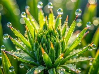 Wall Mural - Vibrant green grass plant bud bursts with life, delicate leaves glisten with tiny water droplets, showcasing nature's beauty in intricate, macro detail.