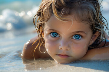 Lovely small kid having fun time with family weekend at tropical summer beach made with Generative AI