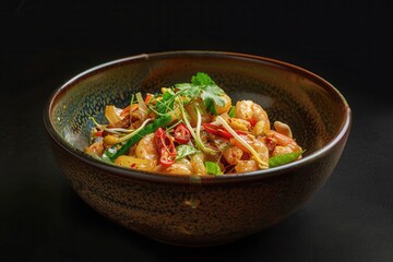 Wall Mural - Stir-fried Shrimp with Vegetables in a Brown Bowl