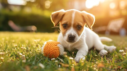 Wall Mural - A cute puppy with brown and white fur lying in a field of green grass.