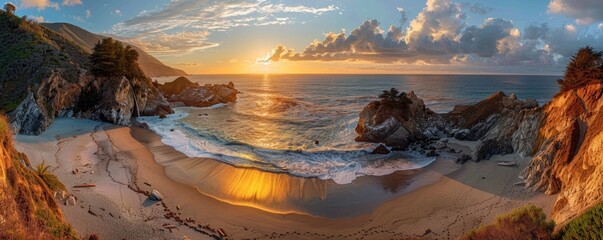 Wall Mural - A captivating view of coastal cliffs bathed in warm sunlight, the sea's turquoise waves gently lapping against the shore