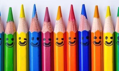 Linear arrangement of colored pencils with drawn happy faces, symbolizing creativity, fun and artistry in education