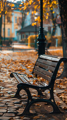 Canvas Print - Empty Bench in Quiet Urban Park During Early Autumn  