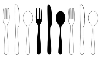 Knife Fork and Spoon set in black silhouette, transparent with black outline and white fill with black outline isolated on white or transparent