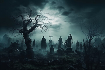 Wall Mural - AI generated image of a mysterious dark cemetery at halloween night