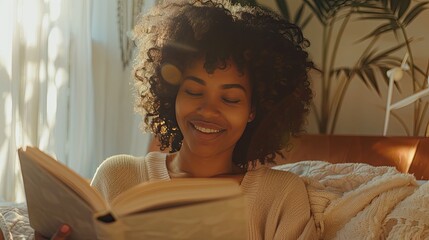 Wall Mural - Young black woman reading and laying in her bed, happy bold and bright expression, positive emotions, elevated morning routine, soft warm photo 90s style, AI generated image