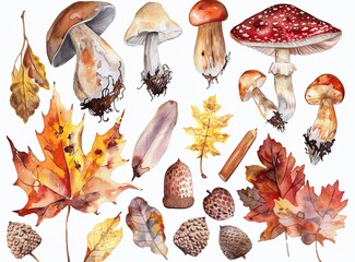 Sticker - A collection of autumn leaves and mushrooms