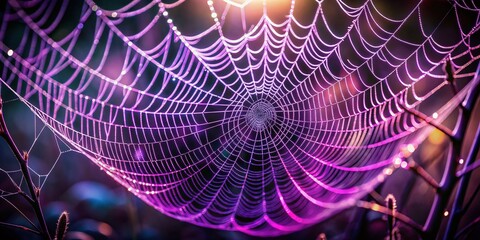 Vibrant purple hues illuminate intricate threads of a delicate spider web suspended against a mysterious dark background, showcasing nature's eerie beauty.
