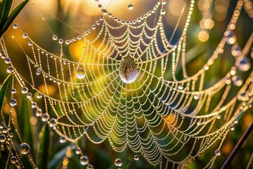 Delicate threads of a spider web glisten with morning dew, showcasing intricate patterns and sparkling droplets in a serene, natural, macro photographic masterpiece.