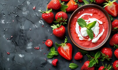 Poster - A bowl of strawberries and cream is on a table