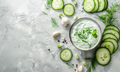 Sticker - A bowl of cucumber dip sits on a table with cucumber slices surrounding it