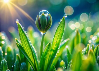 Wall Mural - Vibrant green grass plant bud with delicate leaves glistens with tiny water droplets, showcasing intricate beauty and serenity in nature's miniature masterpiece.