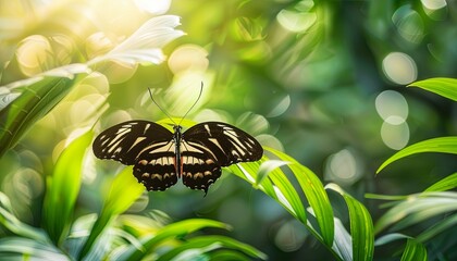 Wall Mural - A butterfly is flying in a lush green field