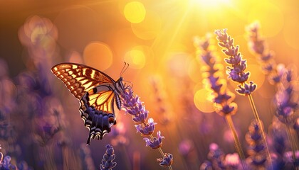 Poster - A butterfly is perched on a purple flower in a field