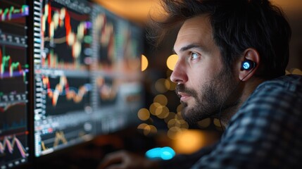 An investor analyzing stock market trends on a computer screen, emphasizing financial planning